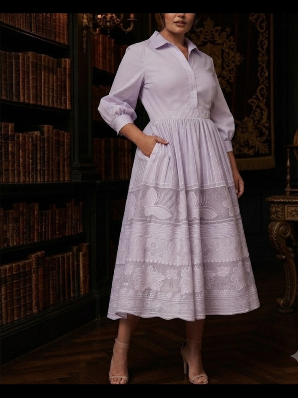 NWT Dalia MacPhee Lilac Shirt Midi Dress with Lace & Pleated Skirt Size M